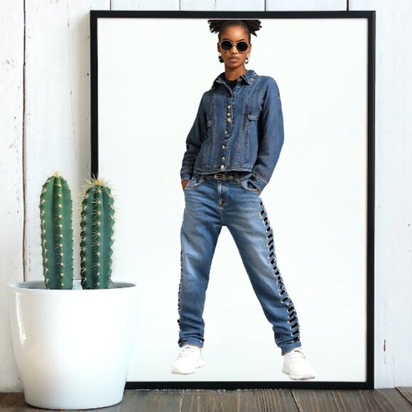 Veronica Beard Inez 10.75 Girlfriend Side Lace Stone Wash Blue Jeans, Size 26 - Picture 1 of 12